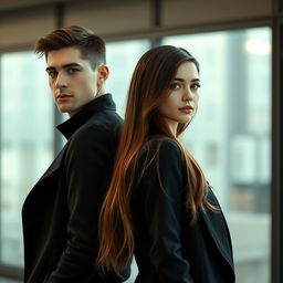 A vertical image depicting a realistic American girl and guy standing back to back, each gazing in different directions, occupying almost the entire space of the composition