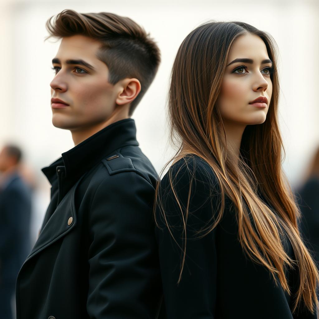 A vertical image depicting a realistic American girl and guy standing back to back, each gazing in different directions, occupying almost the entire space of the composition