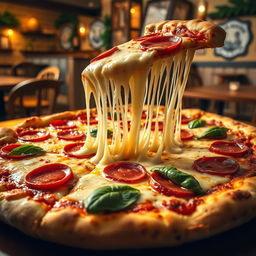 A delicious, mouth-watering pizza topped with rich, melted cheese