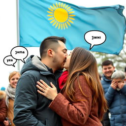 A tender moment between a Kazakh man and a Kazakh girl as they share a loving kiss, their expressions filled with affection and joy