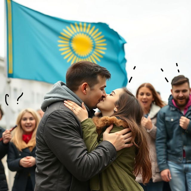 A tender moment between a Kazakh man and a Kazakh girl as they share a loving kiss, their expressions filled with affection and joy