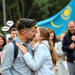 A tender moment between a Kazakh man and a Kazakh girl as they share a loving kiss, their expressions filled with affection and joy