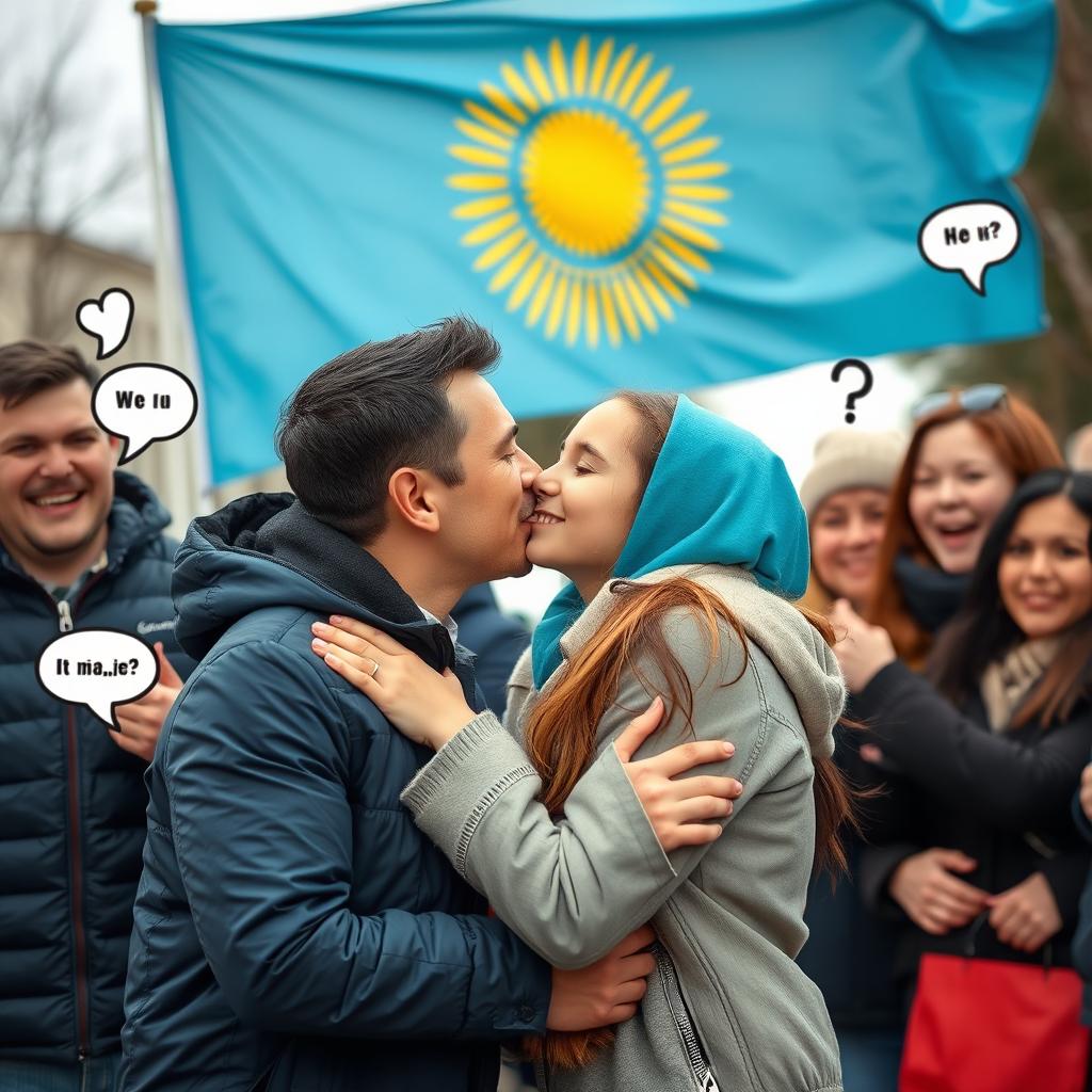 A tender moment between a Kazakh man and a Kazakh girl as they share a loving kiss, their expressions filled with affection and joy