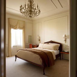 Elegantly designed neoclassical bedroom situated in an oddly shaped room featuring a single small side window, adorned with classical furnishings that pairs sophisticated aesthetic with functionality.