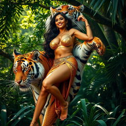 A powerful and majestic tiger lifting a very tall, hot Indian woman with large breasts, who exudes confidence and allure