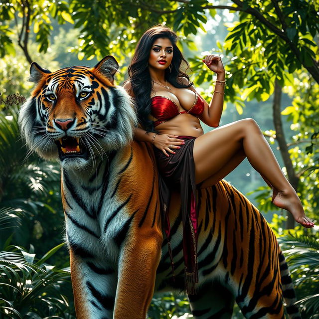 A powerful and majestic tiger lifting a very tall, hot Indian woman with large breasts, who exudes confidence and allure