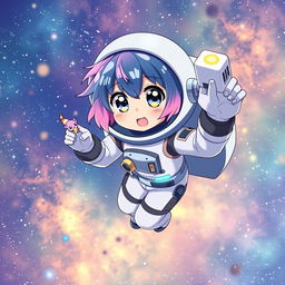 An anime character dressed as an astronaut, floating in space with a vibrant galaxy background filled with stars and nebulae