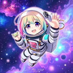 An anime character dressed as an astronaut, floating in space with a vibrant galaxy background filled with stars and nebulae