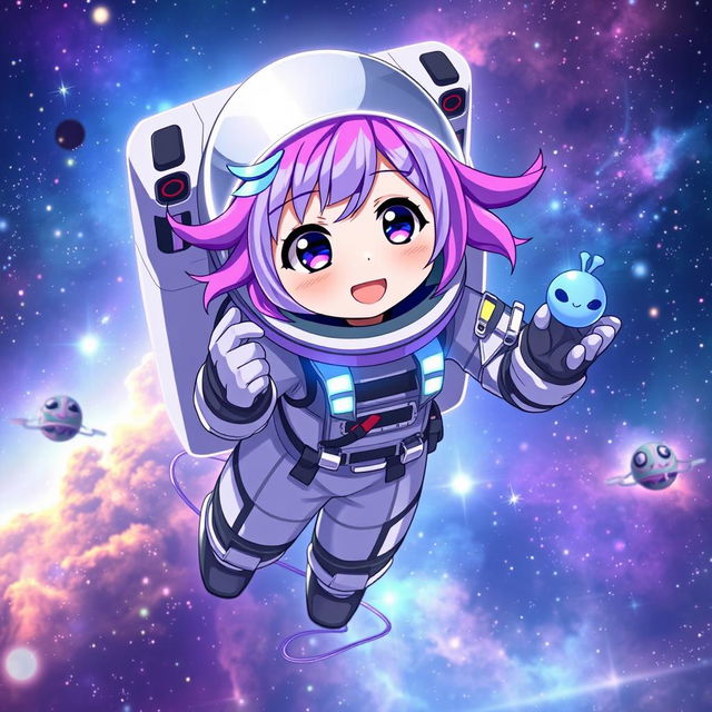 An anime character dressed as an astronaut, floating in space with a vibrant galaxy background filled with stars and nebulae