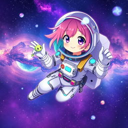 An anime character dressed as an astronaut, floating in space with a vibrant galaxy background filled with stars and nebulae