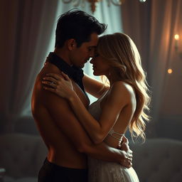 A sultry scene depicting a couple engaged in an intimate embrace, demonstrating a deep connection and passion