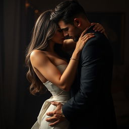 A sultry scene depicting a couple engaged in an intimate embrace, demonstrating a deep connection and passion