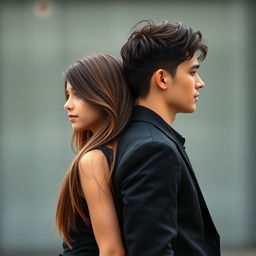 A vertical image sized approximately 15x22, depicting a realistic American girl and guy standing back to back, each looking in different directions and taking up nearly all the space in the frame