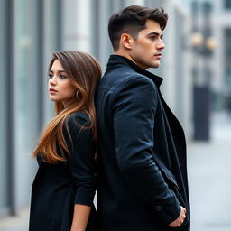 A vertical image sized approximately 15x22, depicting a realistic American girl and guy standing back to back, each looking in different directions and taking up nearly all the space in the frame