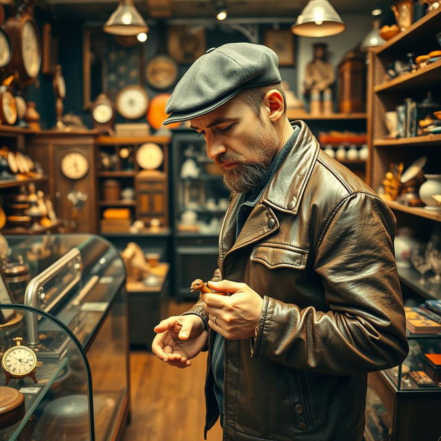 A man dressed in a vintage leather jacket and a flat cap, curiously browsing through the shelves of an antique shop filled with various vintage items such as old clocks, pottery, and books