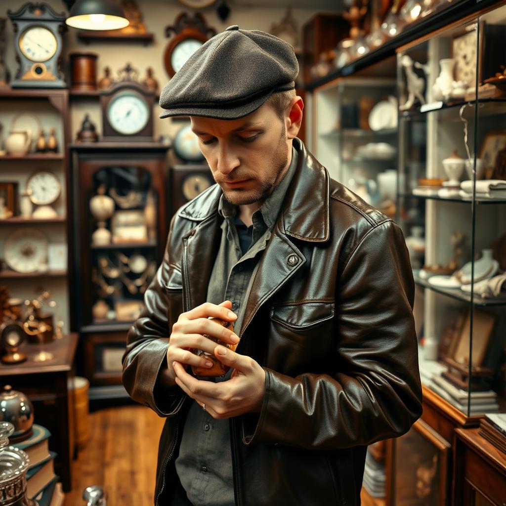 A man dressed in a vintage leather jacket and a flat cap, curiously browsing through the shelves of an antique shop filled with various vintage items such as old clocks, pottery, and books