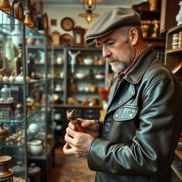 A man dressed in a vintage leather jacket and a flat cap, curiously browsing through the shelves of an antique shop filled with various vintage items such as old clocks, pottery, and books