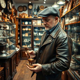 A man dressed in a vintage leather jacket and a flat cap, curiously browsing through the shelves of an antique shop filled with various vintage items such as old clocks, pottery, and books