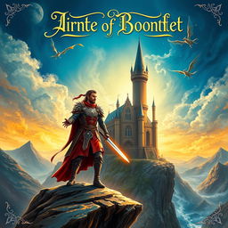 A captivating fantasy book cover featuring a mystical landscape with a towering enchanted castle in the background