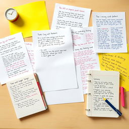 A high-resolution image showcasing an organized desk with many large pieces of paper filled with handwritten notes, positioned next to a slightly smaller notebook