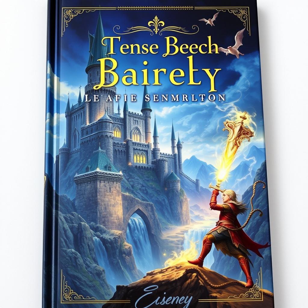 A captivating fantasy book cover featuring a mystical landscape with a towering enchanted castle in the background