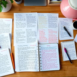 A high-resolution image showcasing an organized desk with many large pieces of paper filled with handwritten notes, positioned next to a slightly smaller notebook