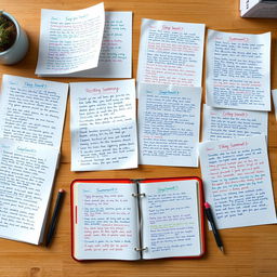 A high-resolution image showcasing an organized desk with many large pieces of paper filled with handwritten notes, positioned next to a slightly smaller notebook