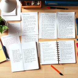 A high-resolution image showcasing an organized desk with many large pieces of paper filled with handwritten notes, positioned next to a slightly smaller notebook