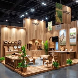 A beautifully designed exhibition booth made of natural wood, featuring a warm and inviting aesthetic