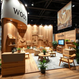 A beautifully designed exhibition booth made of natural wood, featuring a warm and inviting aesthetic