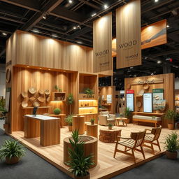 A beautifully designed exhibition booth made of natural wood, featuring a warm and inviting aesthetic