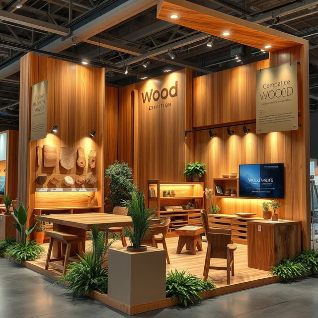 A beautifully designed exhibition booth made of natural wood, featuring a warm and inviting aesthetic