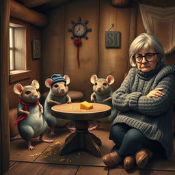 A cozy wooden hut interior featuring four grumpy mice with exaggerated facial expressions, sitting at a small table strewn with crumbs