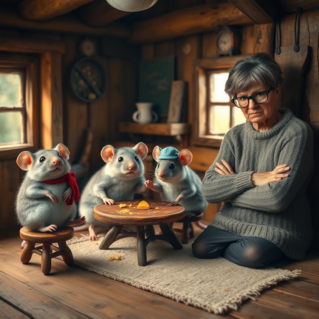 A cozy wooden hut interior featuring four grumpy mice with exaggerated facial expressions, sitting at a small table strewn with crumbs