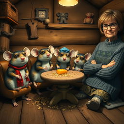 A cozy wooden hut interior featuring four grumpy mice with exaggerated facial expressions, sitting at a small table strewn with crumbs