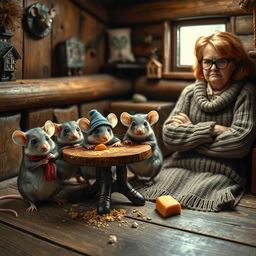 A cozy wooden hut interior featuring four grumpy mice with exaggerated facial expressions, sitting at a small table strewn with crumbs