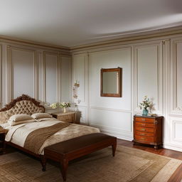 Elegantly designed neoclassical bedroom situated in an oddly shaped room featuring a single small side window, adorned with classical furnishings that pairs sophisticated aesthetic with functionality.