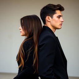 A vertical image sized approximately 15x22, featuring a realistic American girl and guy standing back to back, each looking in different directions and filling almost the entire frame