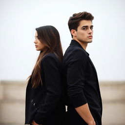 A vertical image sized approximately 15x22, featuring a realistic American girl and guy standing back to back, each looking in different directions and filling almost the entire frame