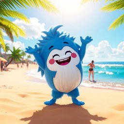 A vibrant beach scene featuring the Fortnite character Guff performing the Get Griddy dance
