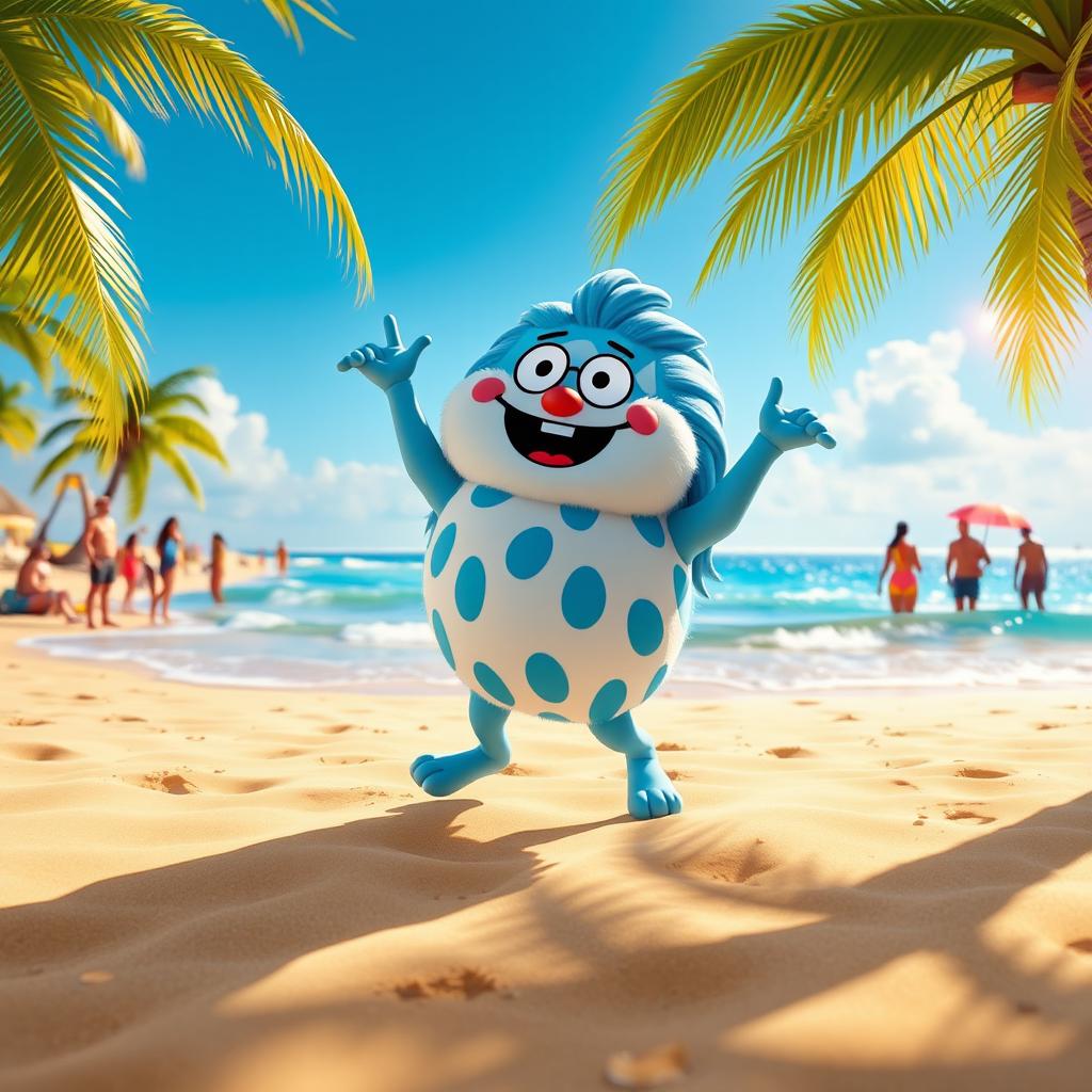 A vibrant beach scene featuring the Fortnite character Guff performing the Get Griddy dance