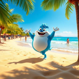 A vibrant beach scene featuring the Fortnite character Guff performing the Get Griddy dance