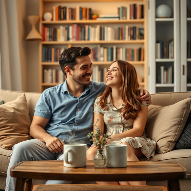 A husband and wife sitting together in a cozy living room