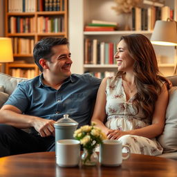 A husband and wife sitting together in a cozy living room