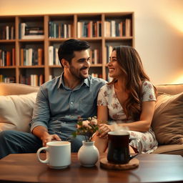 A husband and wife sitting together in a cozy living room