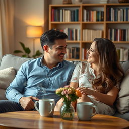 A husband and wife sitting together in a cozy living room