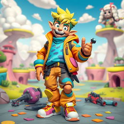 A vibrant and colorful character inspired by the whimsical elements of a video game, featuring exaggerated features and a playful pose that exudes energy and fun