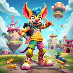 A vibrant and colorful character inspired by the whimsical elements of a video game, featuring exaggerated features and a playful pose that exudes energy and fun