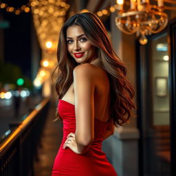 A sultry, attractive woman in a stunning, form-fitting red dress, striking a confident pose with a playful smile
