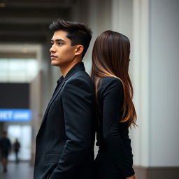 A vertical image sized approximately 15x22, showcasing a realistic American girl and guy standing back to back, each looking in different directions and filling nearly the entire frame